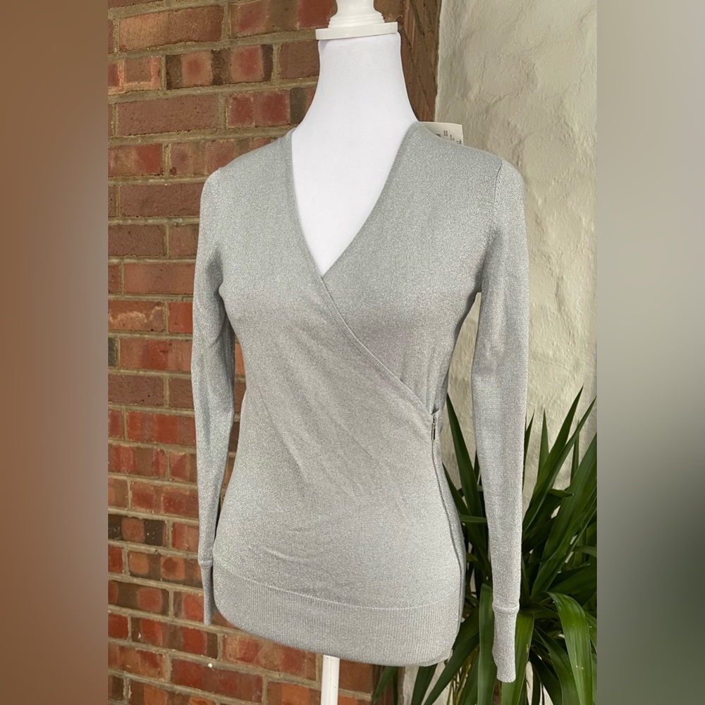 Nwt Cache Sweater. Gray With Silver Thread. Side … - image 1